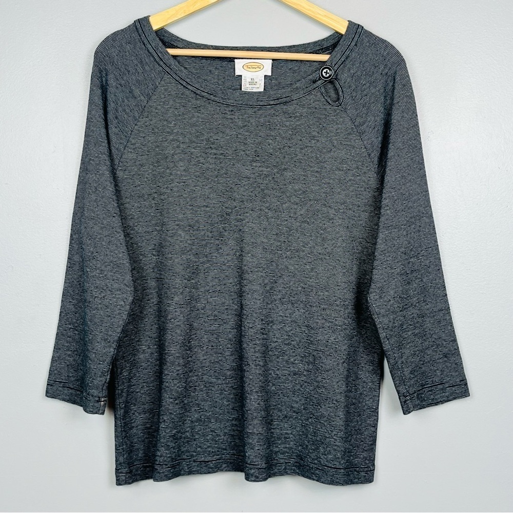 Talbots black gray micro stripe 3/4 sleeve 100% cotton knit top, XL.